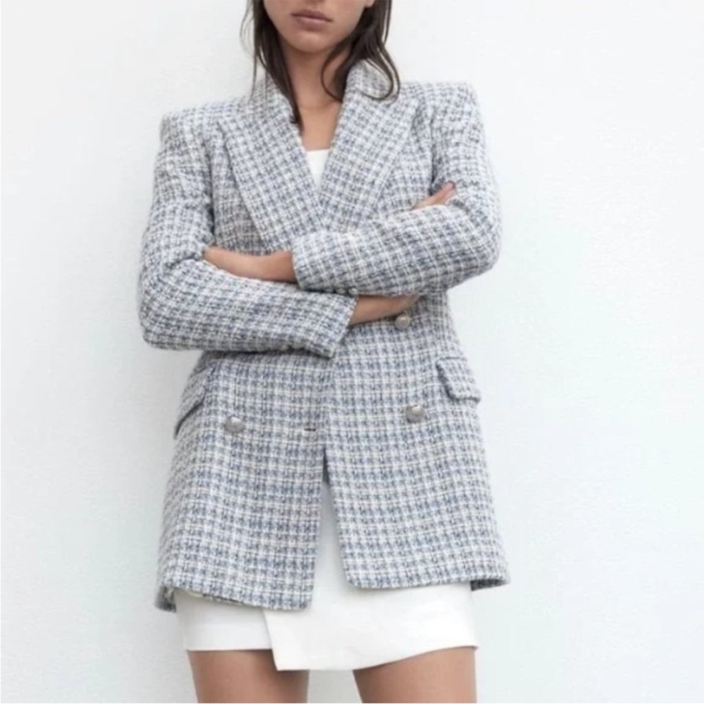 ZARA double breasted blue tweed blazer S